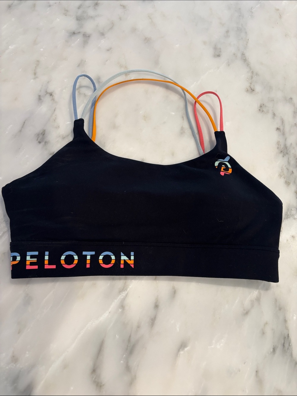Peloton Black Sports Bra Top with Rainbow Strap Accents